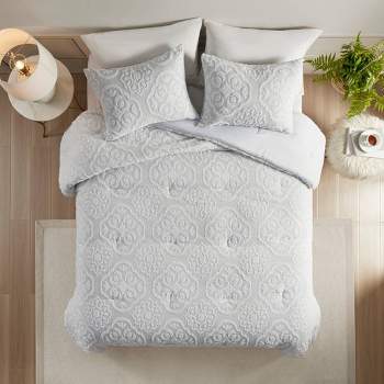 Shop Veronica 3 Piece Tufted Cotton Chenille Floral Comforter Set Gray &  White, Comforters & Blankets