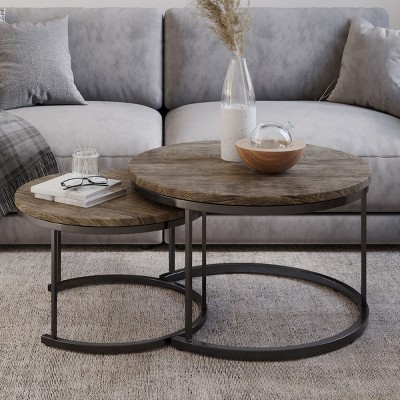 Lavish Home 2-Piece Round Nesting Coffee Tables, Modern Farmhouse Style, Gray/Brown