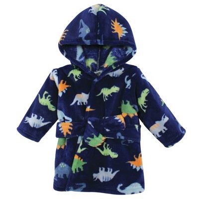 Image of Hudson Baby Infant Boy Plush Animal Face Bathrobe, Navy Dinosaur, 0-9 Months