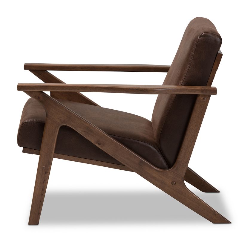 Bianca Mid Century Modern Walnut Wood Distressed Faux Leather Lounge Chair Dark Brown - Baxton Studio, 4 of 14