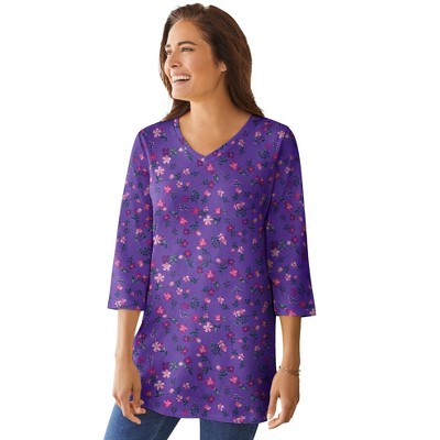 Woman Within Plus Size Perfect Printed Three-Quarter-Sleeve V-Neck Tunic
