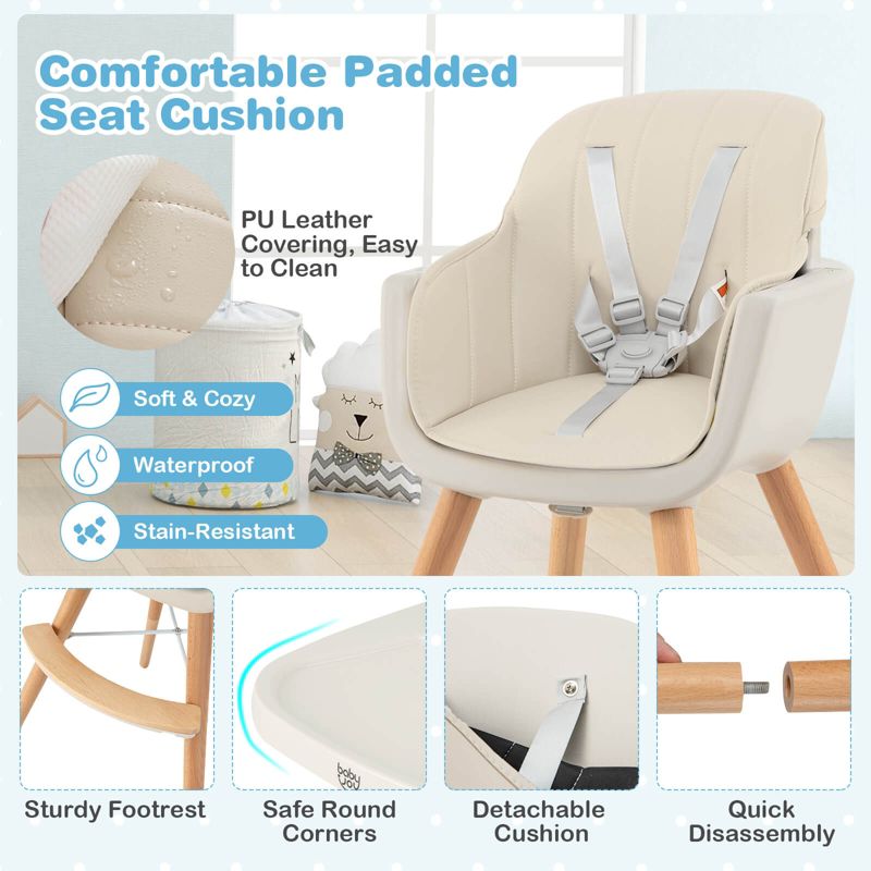 Infans 3 in 1 Convertible Wooden High Chair Baby Toddler w/ Cushion Beige, 5 of 8