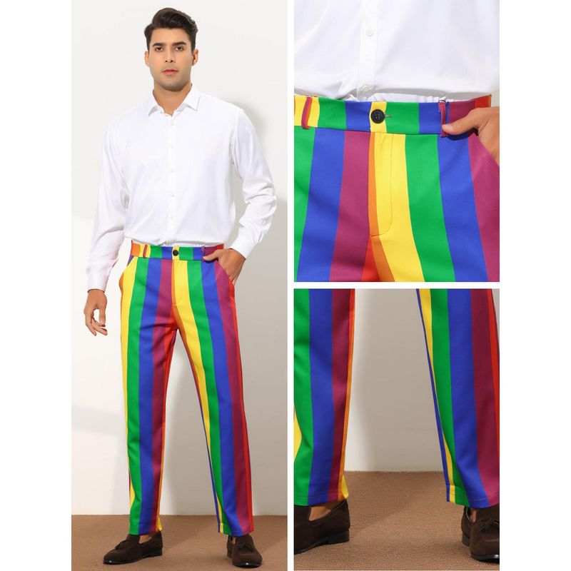 Lars Amadeus Men's Regular Fit Flat Front Color Block Rainbow Striped Trousers, 4 of 6