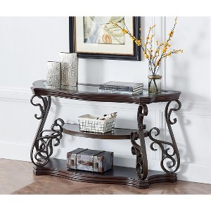 Glass Coffee Table End Table Cocktail Table Side Table Accent Table with Serpentine & Scrolling Flower Metal Legs, Brown-ModernLuxe - 1 of 4