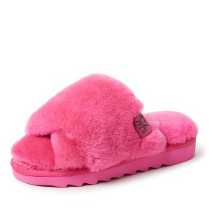 EZ Feet Women's Genuine Shearling X-Band Fuzzy Slide Slipper - 1 of 4
