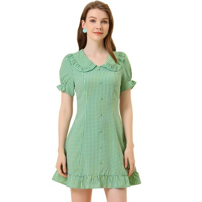 INSPIRE CHIC Women's Plaid Gingham Puff Sleeve Ruffle Peter Pan Collar Vintage Dress