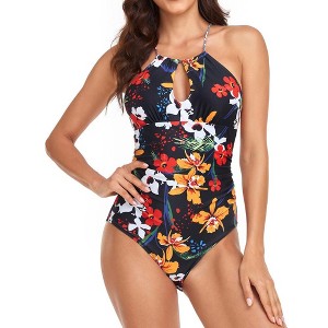 Women's Drop Neck Bellyband Cross Back One Piece Swimsuit - 1 of 4