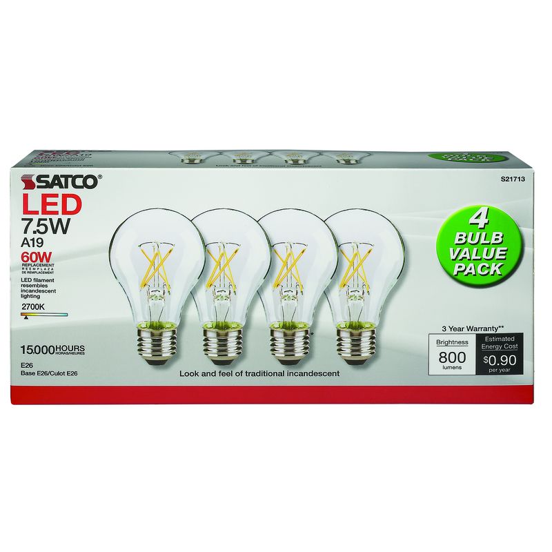 Satco . A19 E26 (Medium) LED Clear Bulb Warm White 60 Watt Equivalence 4 pk, 1 of 2
