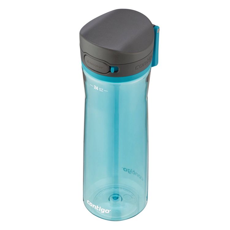 A blue colored water bottle with a black lid and "24 oz" marked on the side.