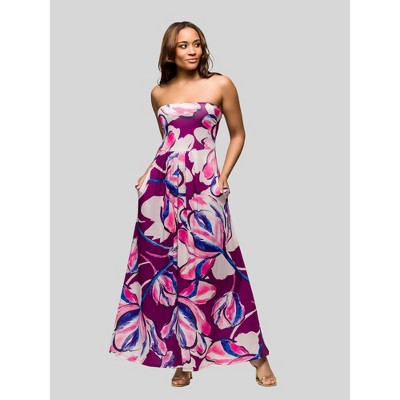 24seven Comfort Apparel Womens Purple Floral A Line Strapless Maxi Dress With Pockets