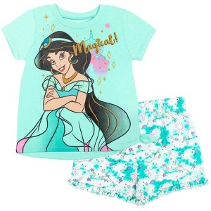 Disney Frozen Moana Princess Tiana Floral Peplum T-Shirt and French Terry Shorts Outfit Set Toddler to Big Kid - 1 of 4