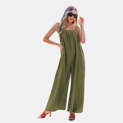 Women's Olive Green Spaghetti Strap Wide-Leg Jumpsuit - Cupshe