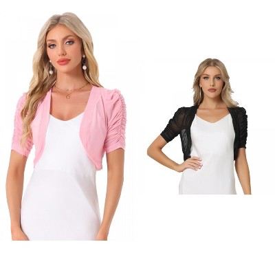 INSPIRE CHIC Women's Casual Short Sleeve Mesh Sheer Open Front Cropped Cardigan Shrug 2 Packs