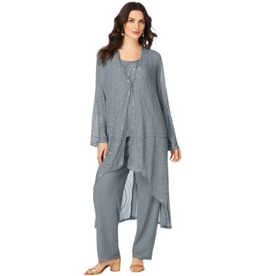 Roaman's Women's Plus Size Petite Three-piece Lace Duster & Pant Suit - 18  W, Gray : Target