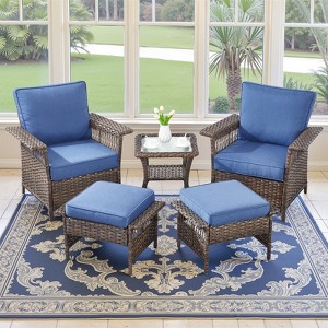 Belord 5 Pieces Patio Furniture Set, All Weather Brown Wicker Outdoor Conversation Set with PE Wicker Rattan Patio Chairs, Ottomans, Side Table - 1 of 4