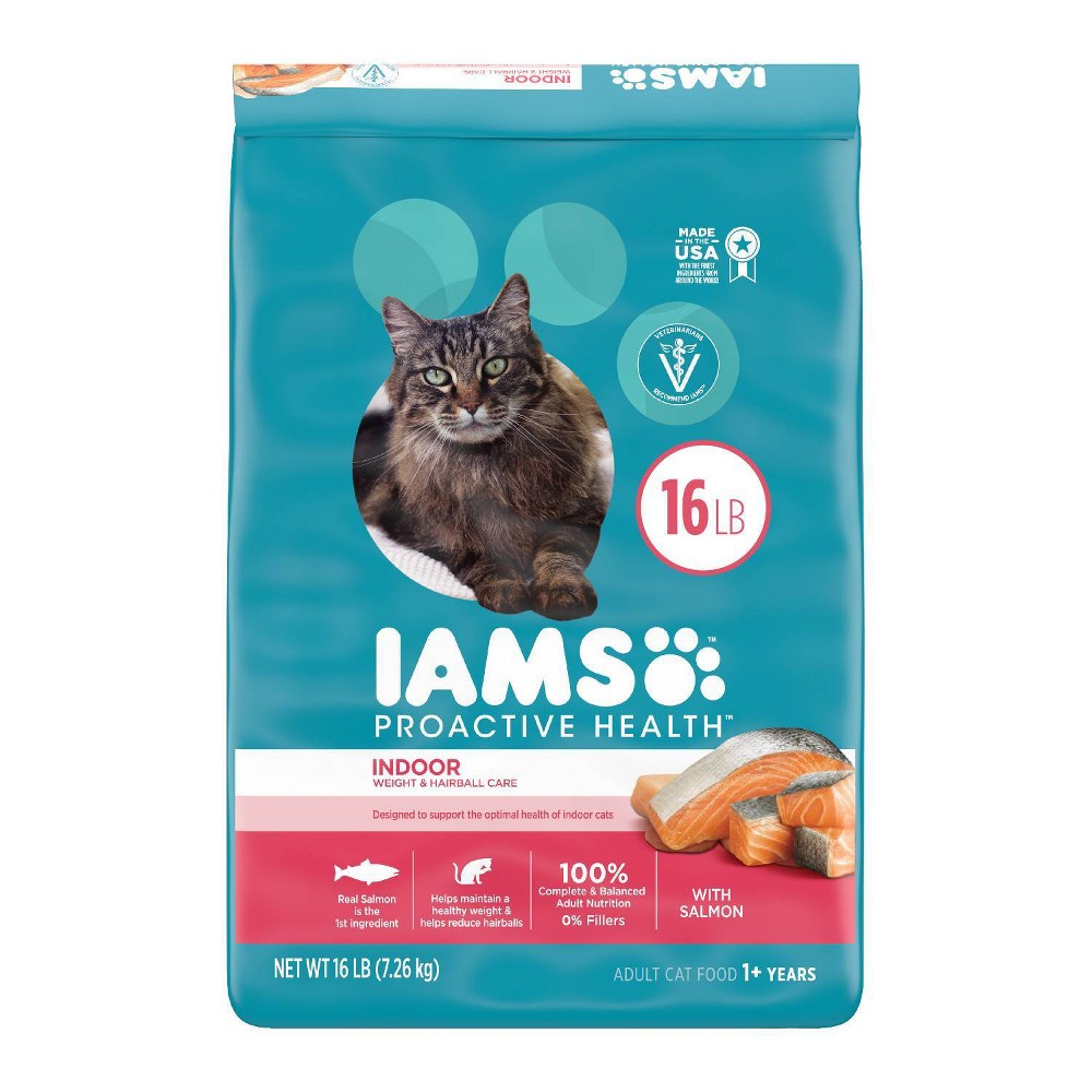 ((Best By 12/19/2024))IAMS PROACTIVE HEALTH Indoor Weight & Hairball Care Salmon Flavor Dry Cat Food for Adult Cats  16 lb. Bag