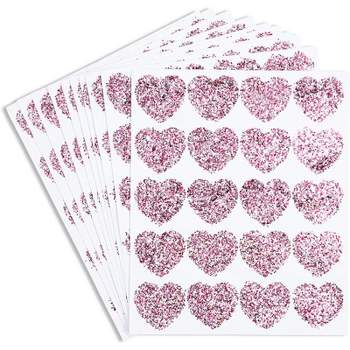 Paper Junkie 200 Pack Hot Pink Glitter Stickers Heart Shaped for Valentine's Day Classroom Exchange Party Favor, 10 Sheets, 1.5 in