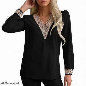 Satin Blouse Tops for Women Lace Trim V Neck Puff Long Sleeve
