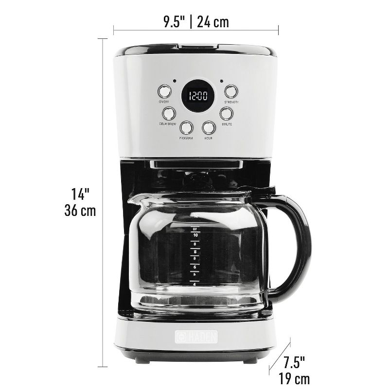 Haden 12 Cup Programmable Coffee Maker with Brew Strength Control with Heritage 2 Slice Wide Slot Stainless Steel Bread Toaster, White, 3 of 7