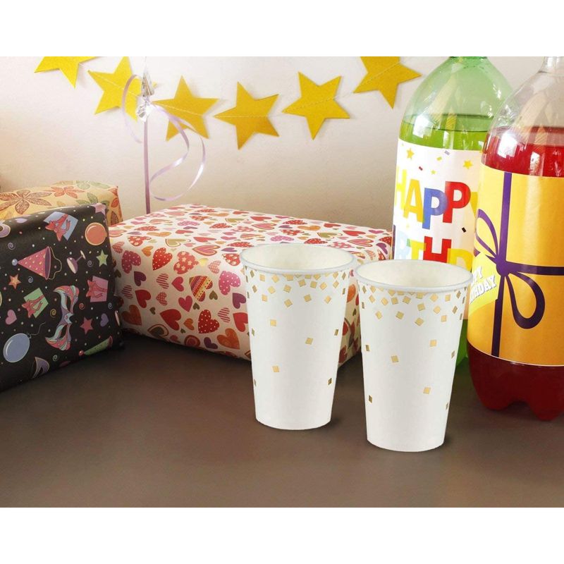 Blue Panda 50 Pack Gold Foil Confetti Disposable Paper Cups Party Supplies and Decorations, White 12 Ounce, 3 of 6