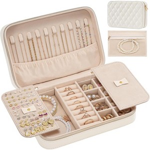 Travel Jewelry Case with Mirror & Clear Bag, Portable Organizer for Earrings, Necklaces & Rings, White Gift - 1 of 4