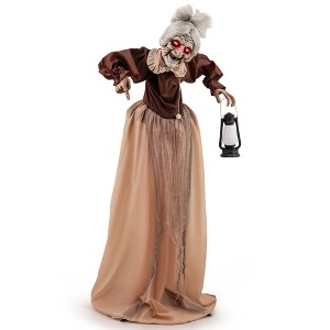 Costway Life-Size Halloween Animatronic Moving and Talking Old Lady Hag Prop with LED Lighted Red Eyes and Holding Lantern - 1 of 4