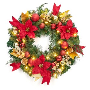 24 Inch Pre-Lit Christmas Wreath with Lights, Xmas Wreath with Red & Gold Berries Ball Ornaments for Front Door - 1 of 4