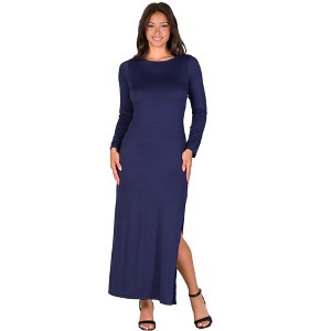 Womens Boat Neck Long Sleeve Side Slit Fitted A-Line Maxi Dress - 24seven Comfort Apparel™ - 1 of 4