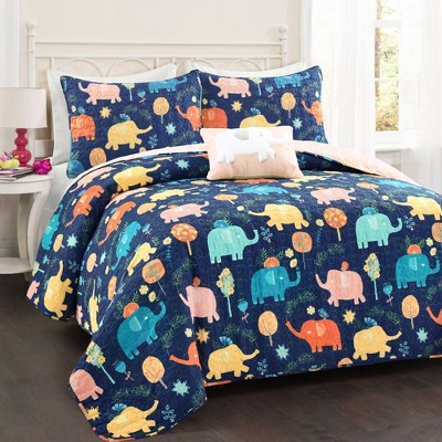 3pc Twin Hygge Elephant Quilt Set Navy - Lush Décor