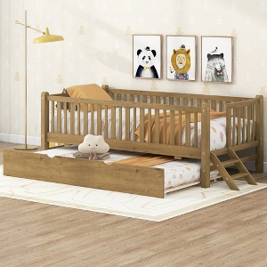 Twin Size Platform Bed, Wooden Bed Frame with Guardrail and Trundle - ModernLuxe - 1 of 4