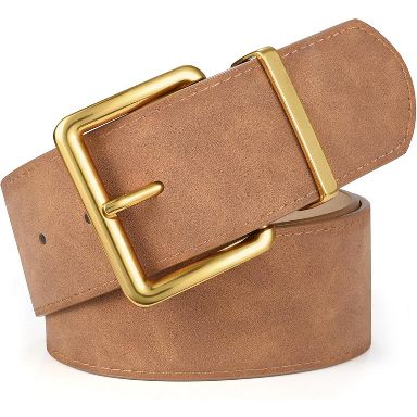 Women Leather Wide Fashion Thick Dress Belt With Gold Buckle Belt Brown Gold RISANTRY Women main image 2