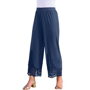 Roaman's Women's Plus Size Wide Leg Ultrasmooth Fabric Lace Pant - 1 of 4