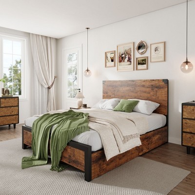 Wood Bed Frame,4 Under Bed Drawers with Smooth Wheels, Bed Frame with Wooden Headboard & Footboard,Noise-Free,No Box Spring Needed,Vintage