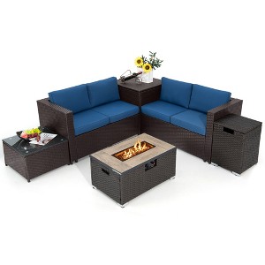 Tangkula 6 Piece Patio Sofa & Fire Table Set Outdoor Rattan Sectional Sofa Set w/ Storage Box Navy - 1 of 4