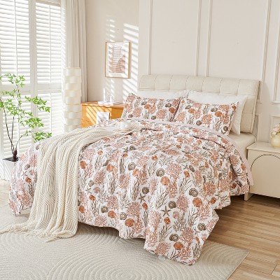 Acoinel Coastal Coral & Seashell Quilt Set - 3-Piece Reversible Bedspread with Pillow Shams,King — фото 2