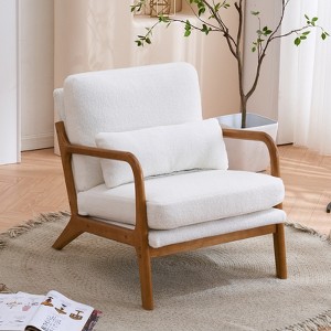 KTMBDW Accent Chair Wide Armrest Mid-Century Lounge Chair Linen Fabric Armchair with Lumbar Pillow & Oak Wood Frame for Living Room, Bedroom, Balcony - 1 of 4