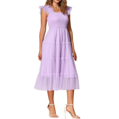 INSPIRE CHIC Women's Summer Midi Sleeveless Smocked Square Neck Tiered Ruffled Wedding Guest Dress