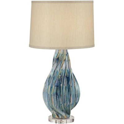 Possini Euro Design Modern Table Lamp Ceramic Hand Painted Teal Drip Beige Fabric Drum Shade for Living Room Family Bedroom Office