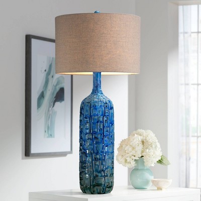 Teal Ceramic Bottle Table Lamp with Beige Fabric Drum Shade