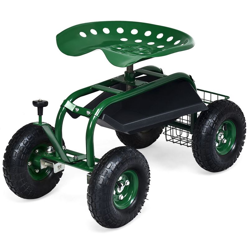 Costway Garden Cart Rolling Work Seat w/ Tool Tray Basket Green, 3 of 10