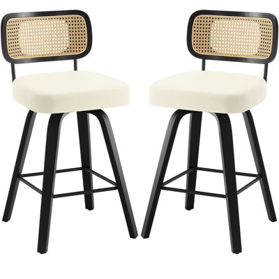 Swivel Counter Height Bar Stools - 26" Faux Leather Upholstered with Rattan Back, Black Wood Frame for Kitchen Island