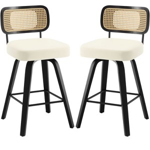 Bekrvio Swivel Counter Height Bar Stools - 26" Faux Leather Upholstered with Rattan Back, Black Wood Frame for Kitchen Island - 1 of 4