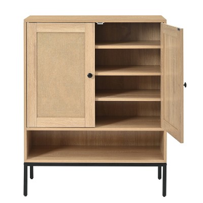 PDTEND 5 Tier Rattan Shoe Rack Cabinet with Adjustable Shelves, Doors & Bottom Cubby