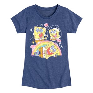 Girls' - Spongebob Squarepants - Cute Face Rainbow Fitted Short Sleeve Graphic T-Shirt - 1 of 4
