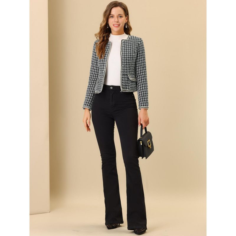 Allegra K Women's Long Sleeve Open Front Work Office Short Plaid Tweed Blazer, 3 of 7