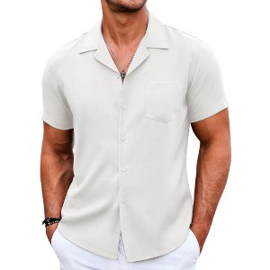 COOFANDY Men's Casual Button Down Short Sleeve Linen Beach Cuban Vacation Textured Shirts with Pocket - 1 of 4