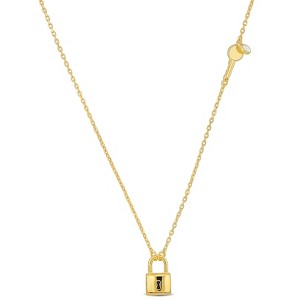 EVERLY JEWELRY | Yellow Plated Sterling Silver Lock and Key Necklace & White enamel on diamond Cut cable Chain, 16"+2 inc ext. - 1 of 4