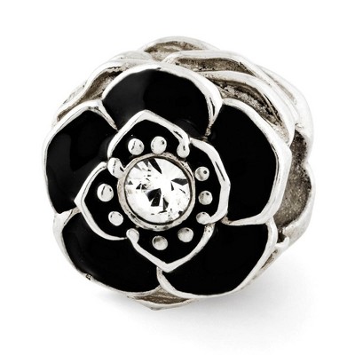 Black Bow Jewelry Sterling Silver, Black Enamel & Crystal Antiqued Flower Bead Charm