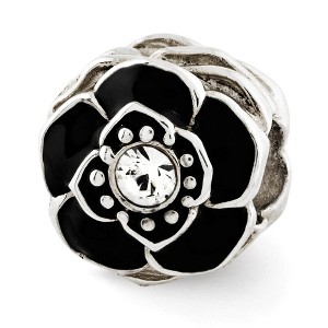 Black Bow Jewelry Sterling Silver, Black Enamel & Crystal Antiqued Flower Bead Charm - 1 of 4