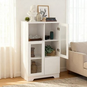 Homy Casa Decorative Storage Cabinet with Glass Doors and Open Shelves for Kitchen or Living Room, White - 1 of 4